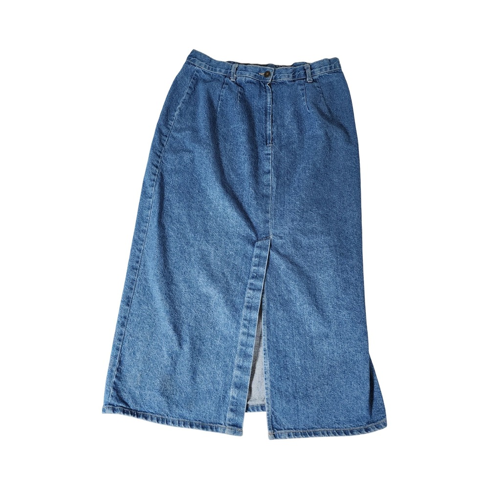 BLUEZONE Vintage 90s Denim Maxi Skirt Blue Cotton High Waist Front Slit USA 14W